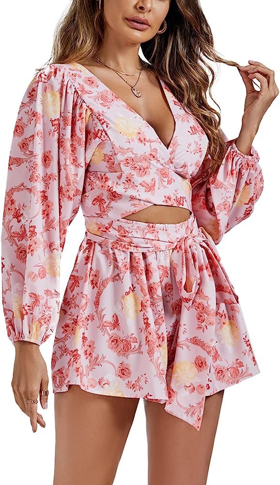 LYANER Women's Floral Puff Long Sleeve Jumpsuit Wrap V Neck Tie Front Short Romper | Amazon (US)