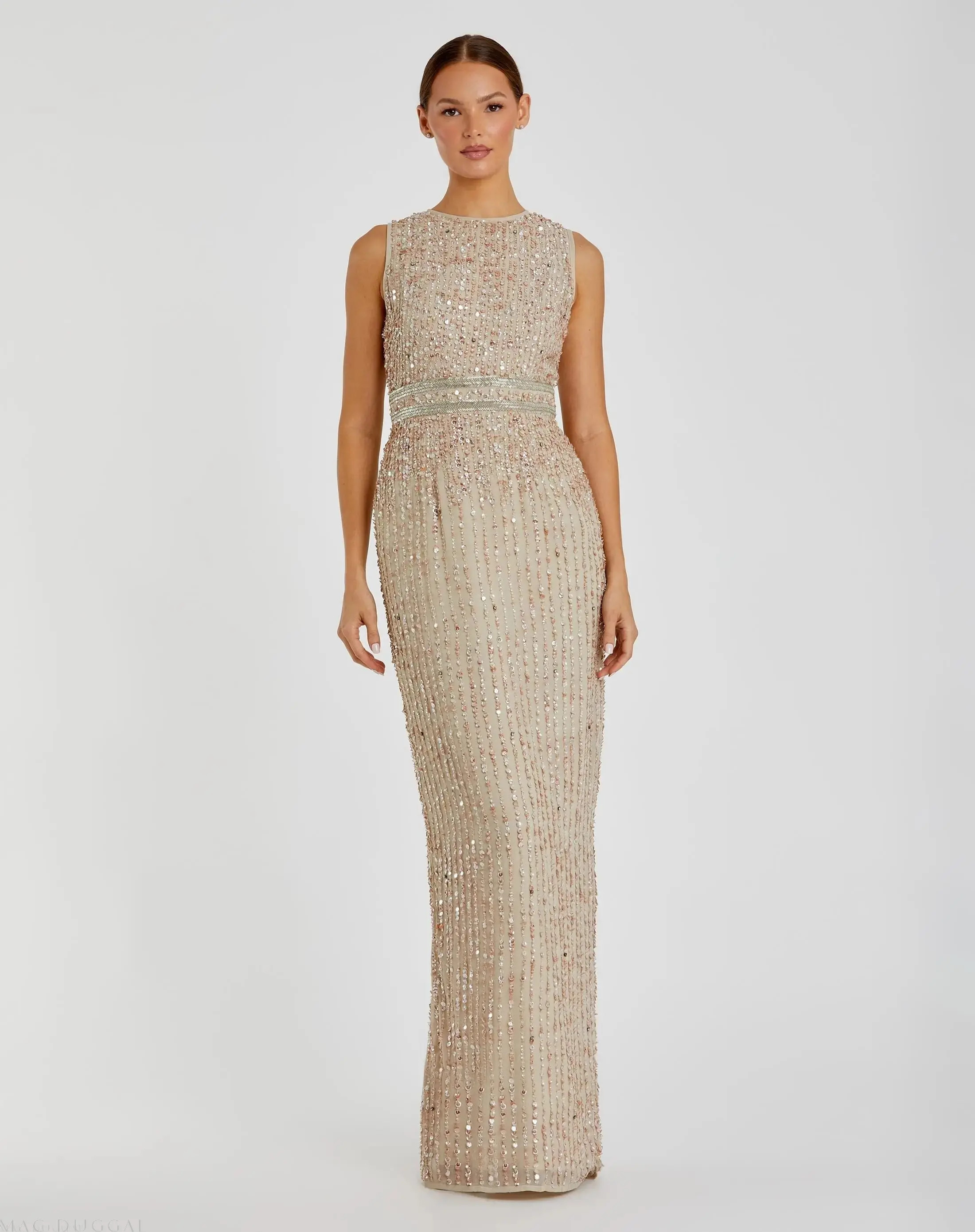 Mac Duggal - Beige Sequined High Neck Sleeveless Column Gown - US 2 | Mac Duggal