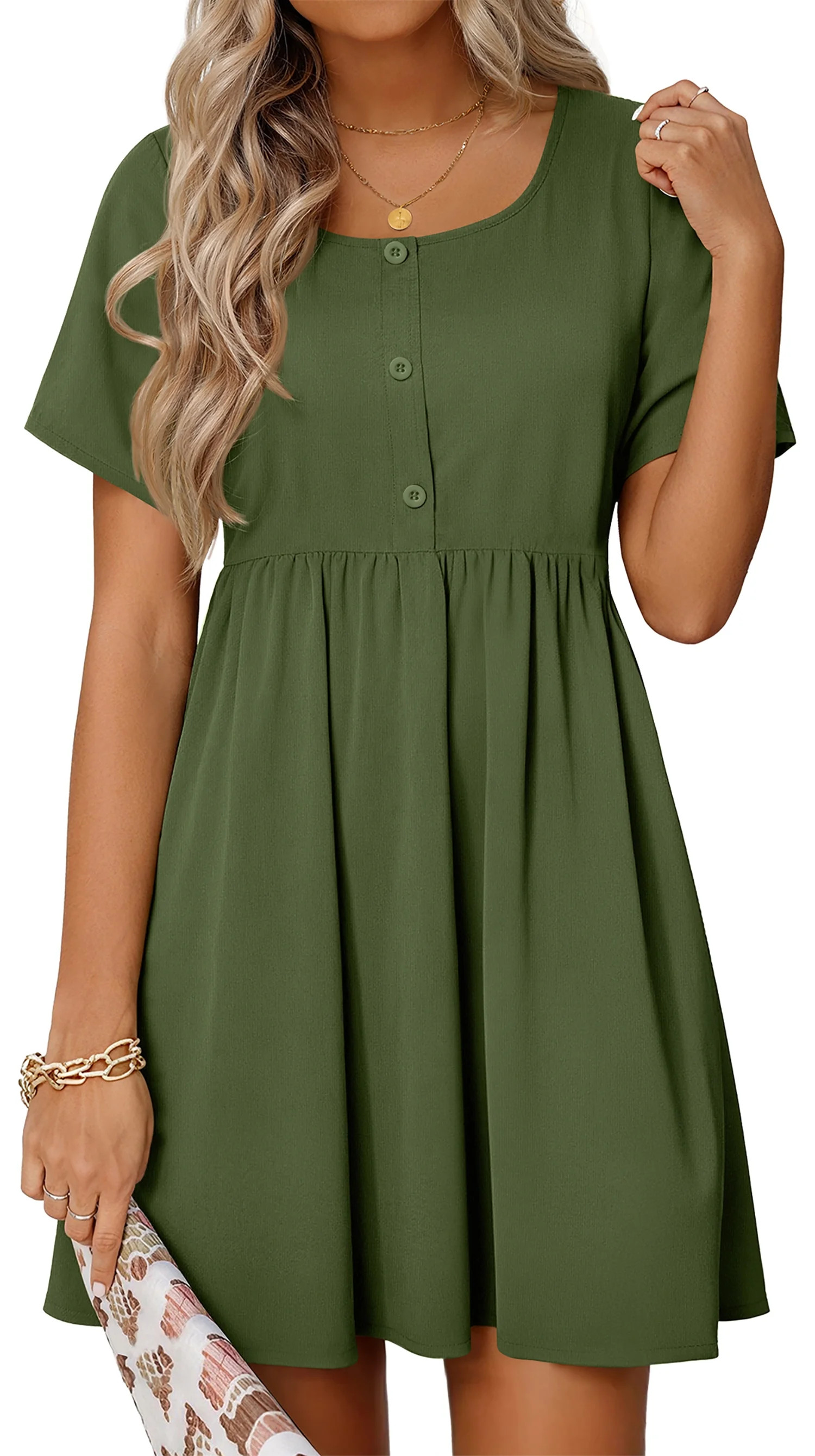 MOSHU Summer Dresses for Women Crewneck Short Sleeve Midi Dress Casual Button A-Line Sundress wit... | Walmart (US)
