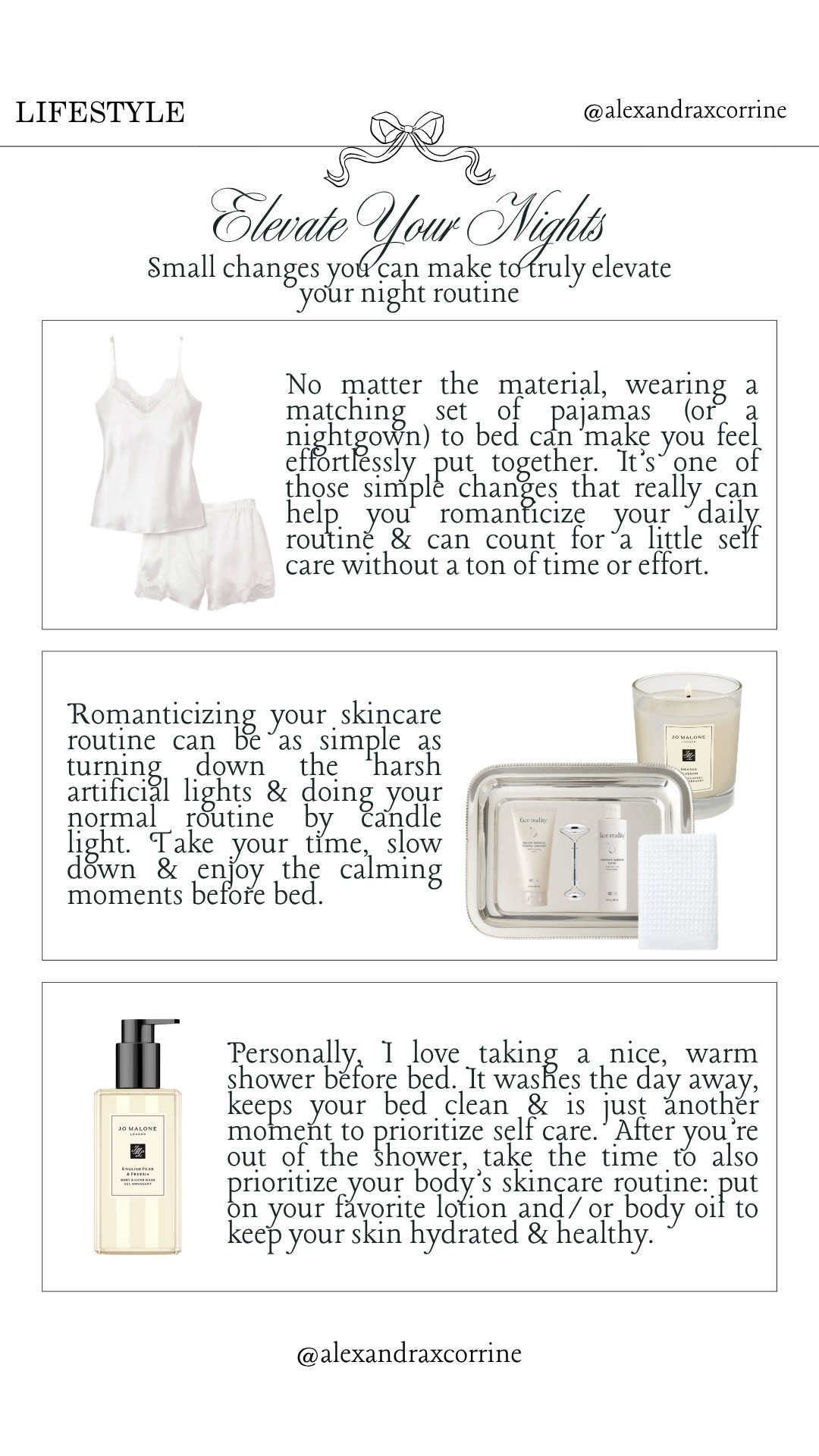 Elevate your nights 🕯️ Small changes you can make to truly elevate your night routine ☁️

Night routine, chic elegant lifestyle, little luxuries, romanticize your life, self care aesthetic, skincare, beauty, body care, pajamas, satin, silk 

#LTKdayinmylife #LTKBeauty #LTKselfcare