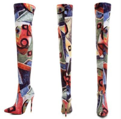 Womens Graffiti Multi Color Printed Stiletto High Heels Stretchy Knee High Boots  | eBay | eBay US