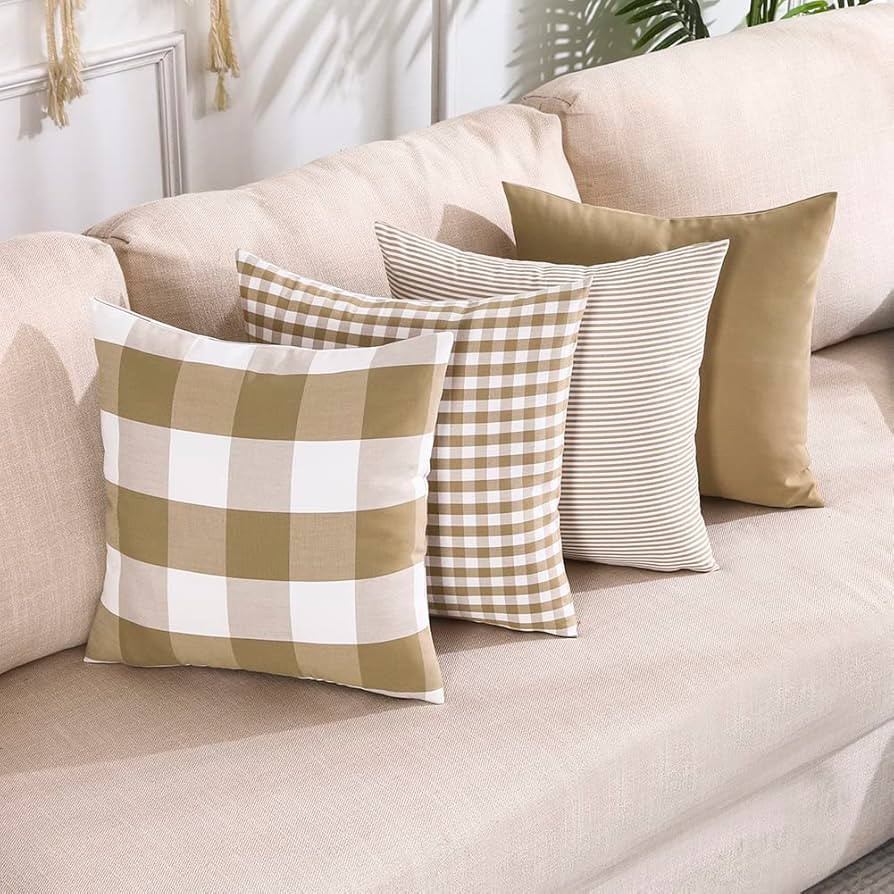 CARRIE HOME Modern Farmhouse Decor Brown Pillow Covers 18x18 Khaki Neutral Plaid Couch Throw Pill... | Amazon (US)