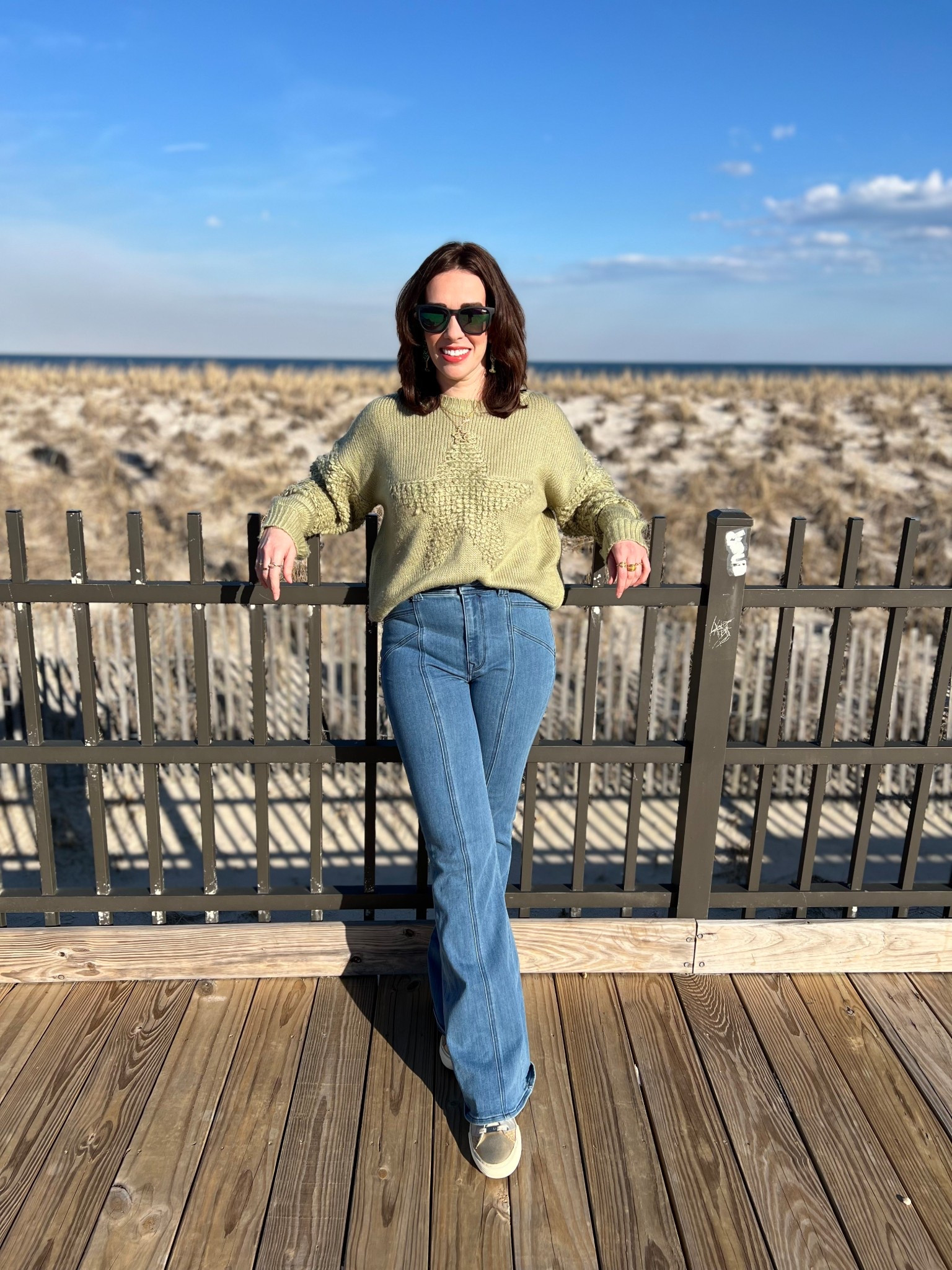 Green star sweater (s). Belted flare jeans (4). Gold and silver sneakers (8.5). #sweater #greensweater #starsweater #jeans #flarejeans #beltedjeans #sneakers #goldsneakers #springoutfit 
spring outfits 2026
st patricks day outfit women @Express @Macys @Guess 

#LTKSpringSale #LTKSeasonal
