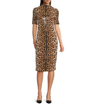 Anne Klein Mock Neck 3/4 Sleeve Sequin Cheetah Print Midi Dress | Dillard's | Dillard's