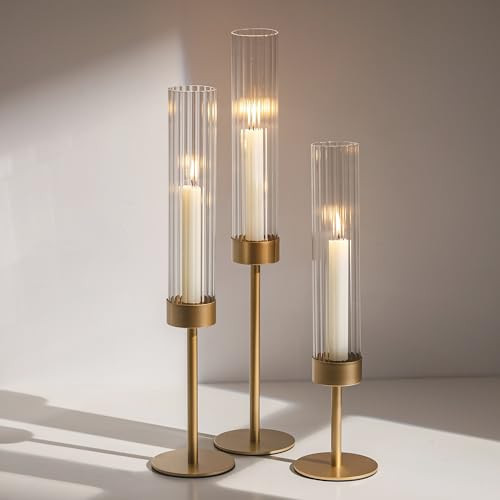 Gold Hurricane Taper Candle Holders: Glasseam 3Pcs Brass Candlestick Holders with Ribbed Glass Cylinder Cover Fluted Tall Candle Sticks Holder Decor for Table Centerpiece Wedding Christmas Decorations | Amazon (US)