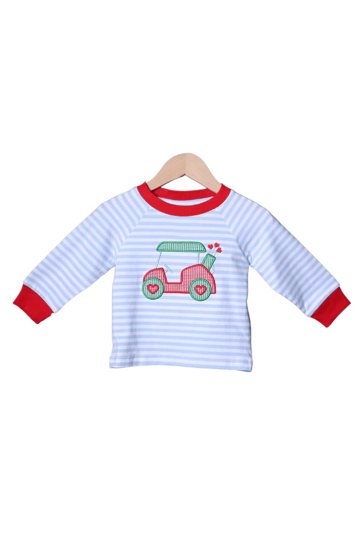 Applique Golf Heart Blue Stripe Shirt | The Smocked Flamingo