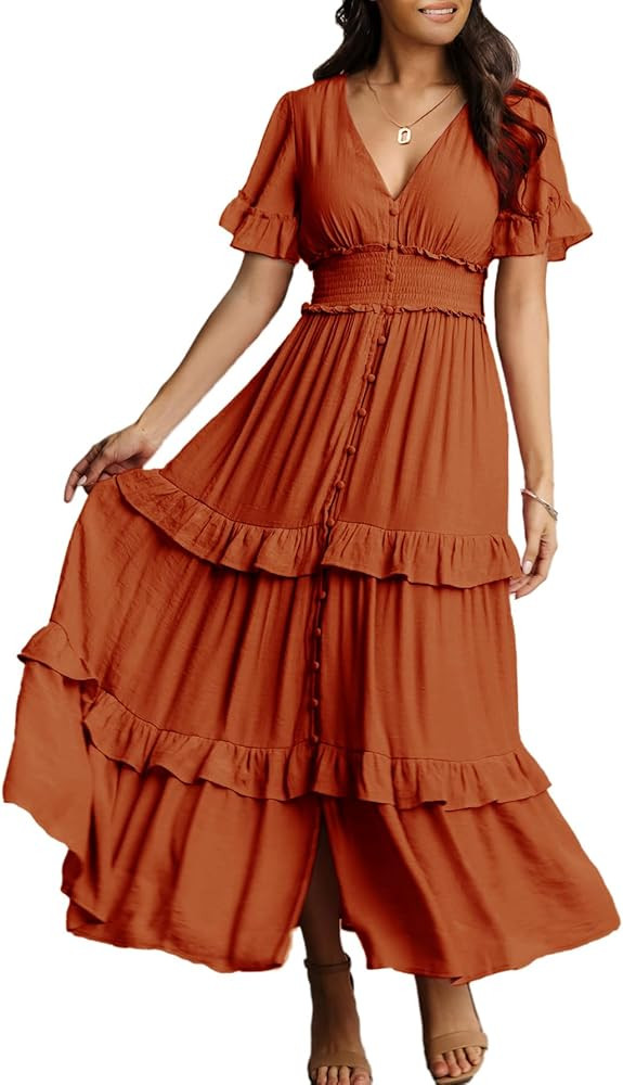 Amegoya Women's V Neck Long Sleeve Boho Maxi Dress Summer Wedding Guest Long Flowy Engagement Dre... | Amazon (US)