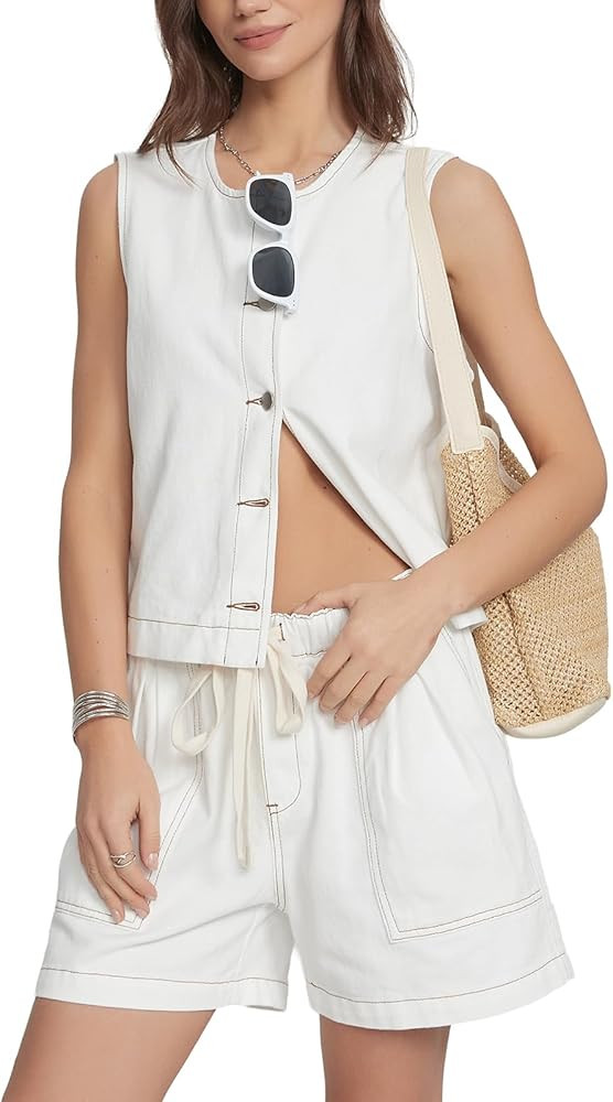 Kedera Denim Two Piece Outfits for Women Casual Sleeveless Denim Vest with Elastic Waist Baggy Je... | Amazon (US)
