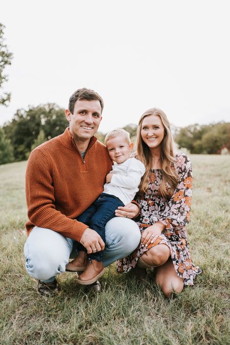 Fall family pictures family coordinating outfits, Christmas card photos with toddler, orange sweater, fall floral long sleeve dress with boots, toddler boots and jeans, Texas family 

#LTKfamily #LTKHoliday #LTKstyletip