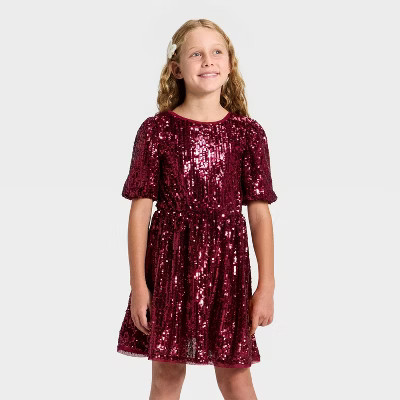 Girls' Short Sleeve Sequin Dress - Cat & Jack™ Dark Red | Target