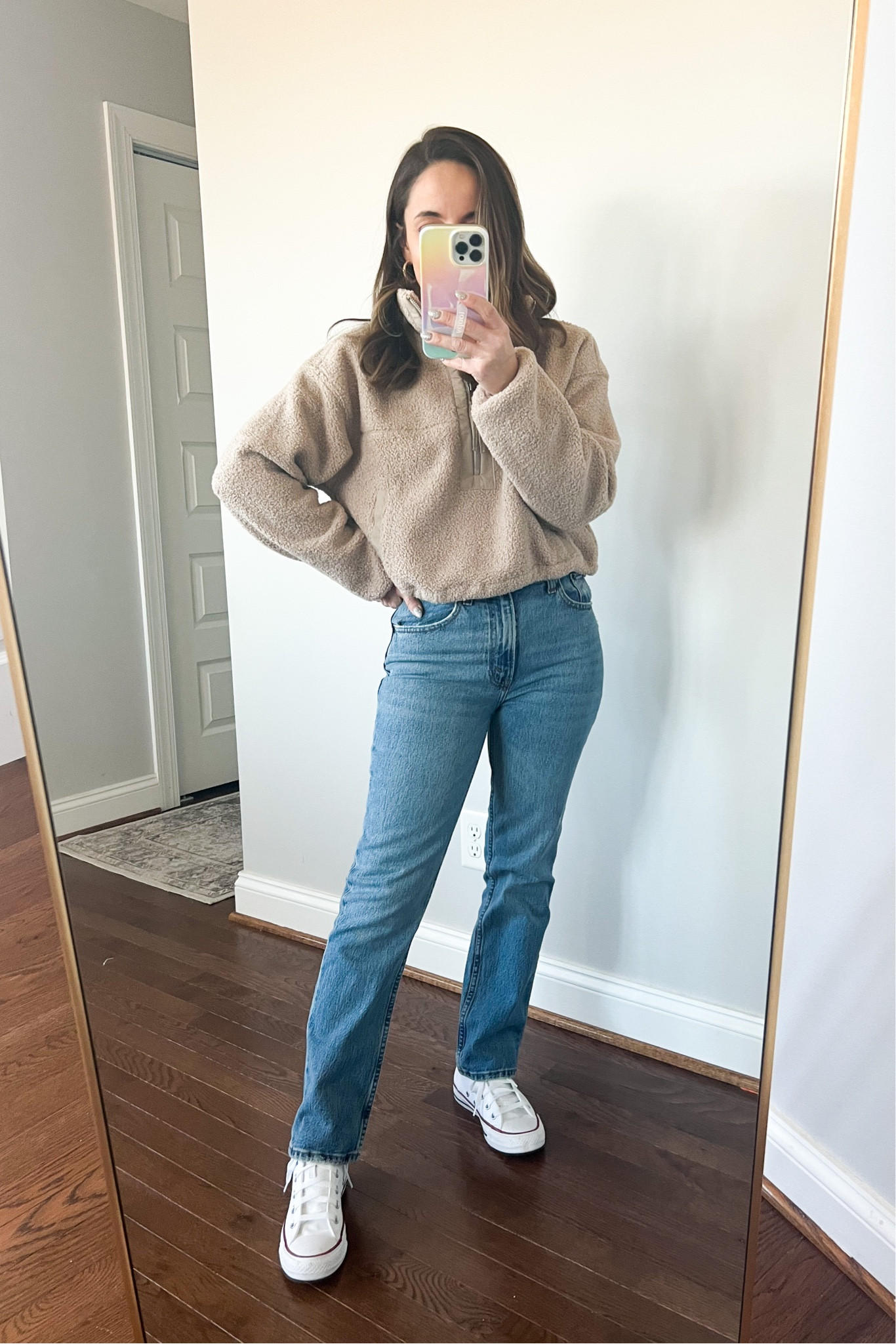 Wearing today 

Jeans 24 extra short medium wash
Sherpa taupe xxs 
Shoes tts 