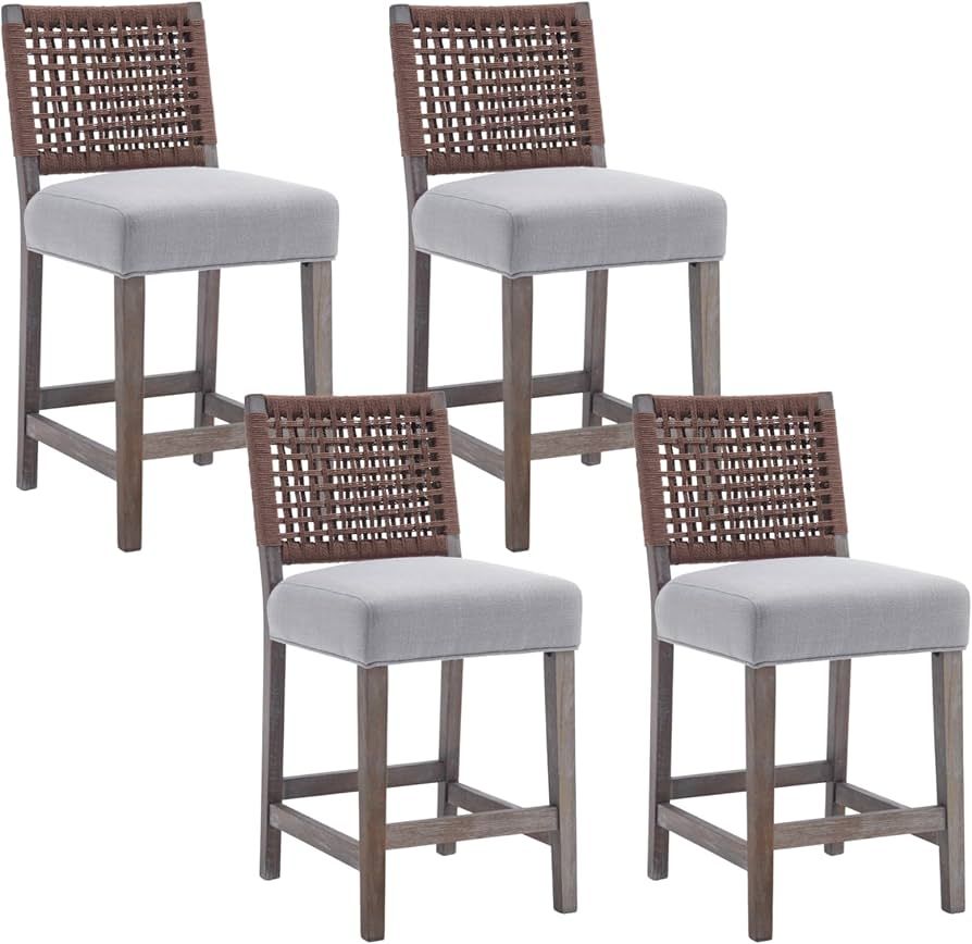 27" Farmhouse Counter Height Bar Stools Set of 4 for Kitchen Island Midcentury Linen Upholstered ... | Amazon (US)