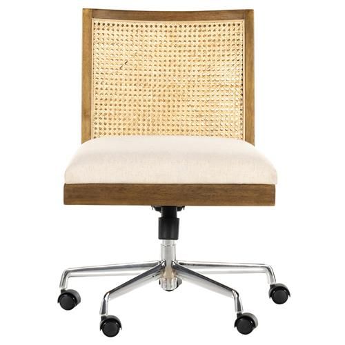 Annette Coastal Beach Brown Wood Cane Woven White Performance Office Side Chair | Kathy Kuo Home
