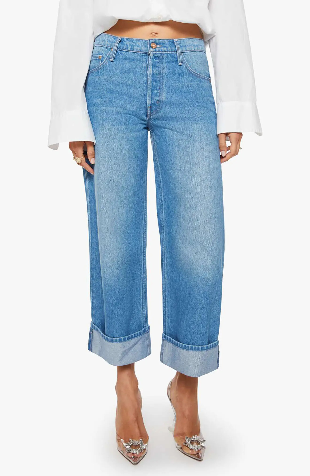 MOTHER SNACKS! The Smoothie Cuffed Crop Wide Leg Jeans in Secret Ingredient at Nordstrom, Size 25 | Nordstrom