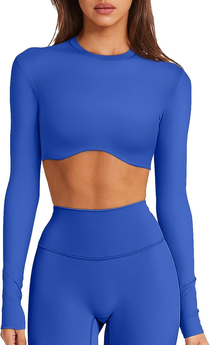 Double Lined Long Sleeve Crop Tops for Women Sexy High Neck Workout Tops Athletic Gym Shirts Runn... | Amazon (US)