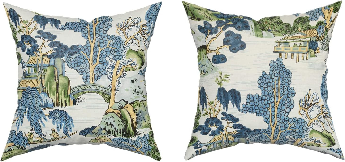 Chinoiserie Pillow Cover Set of 2 18x18 Inch Asian Scenic Blue and Green Cotton Polyester Decorat... | Amazon (US)