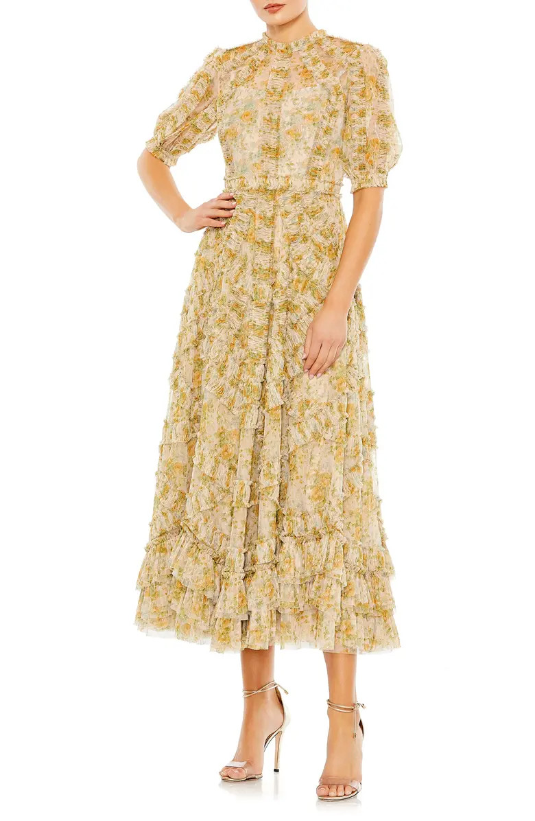 Floral Ruffle Mesh A-Line Cocktail Midi Dress | Nordstrom