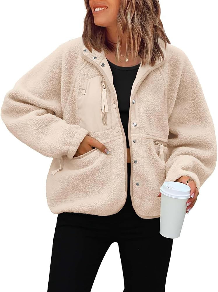 ReachMe Womens Sherpa Jacket Casual Lapel Button Down Cropped Fuzzy Fleece Jackets Long Sleeve Wi... | Amazon (US)