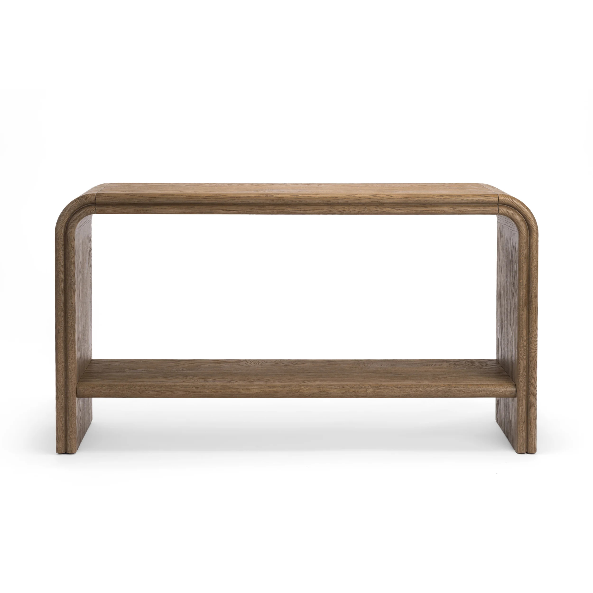 Clara Console Table Mid-Century Modern Oak Console Weathered Oak With C-Shaped Base Rounded Edges And Lower Storage Shelf | Wayfair North America
