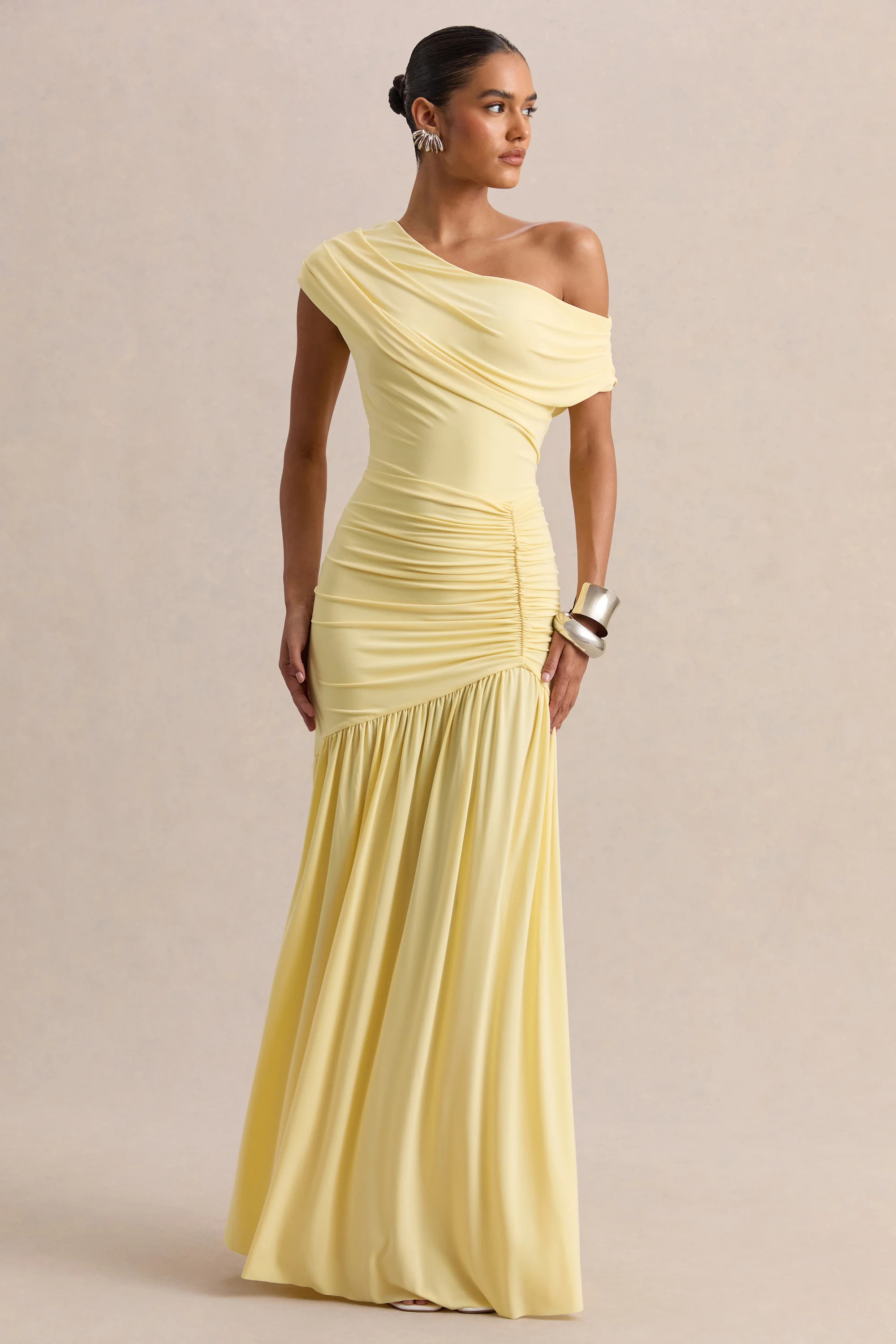 Kady | Lemon Asymmetric-Neck Maxi Dress With Ruched Detailing | Club L London