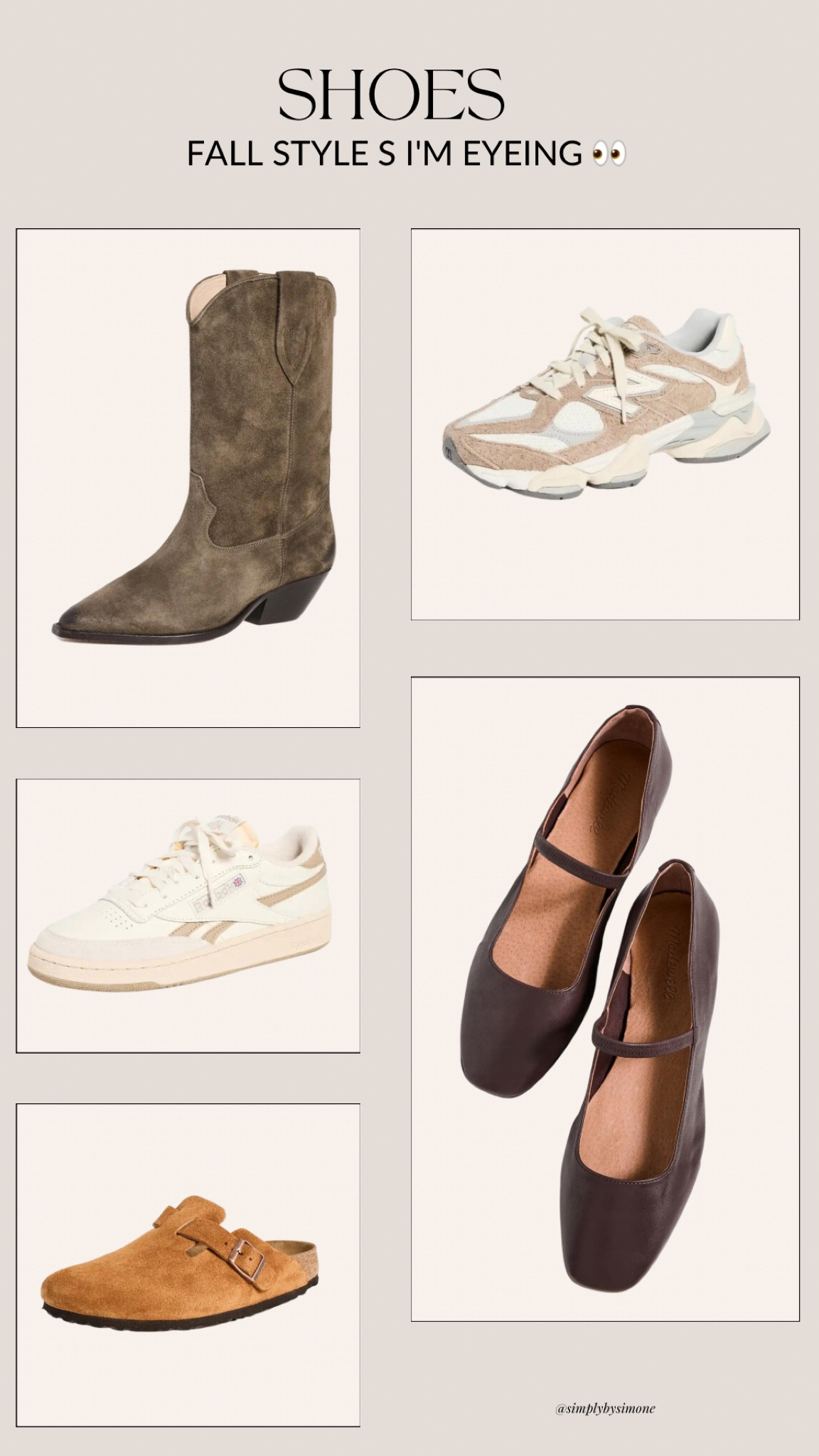 Shoes I’m eyeing for fall, suede cowboy boots, Mary Jane flats, new balance sneakers, Reebok sneakers, Birkenstock Boston mules 