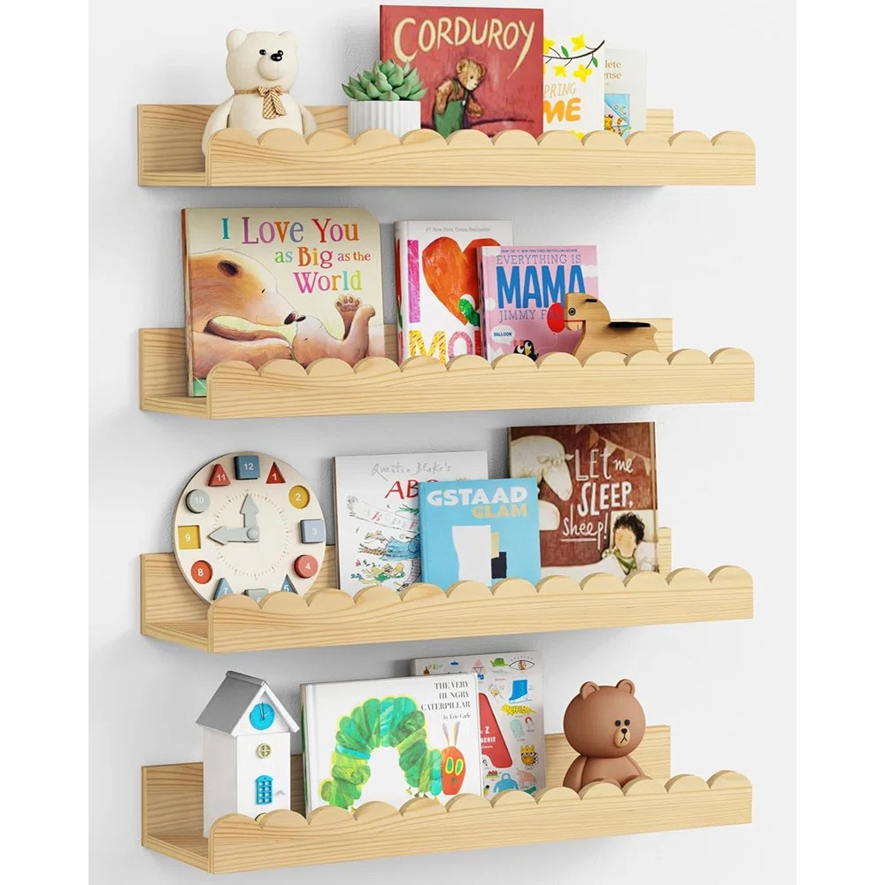 Nursery Floating Book Shelves Set Of 4, Scalloped Wooden Wall Shelves, Natural Wood (Set of 4) | Wayfair North America
