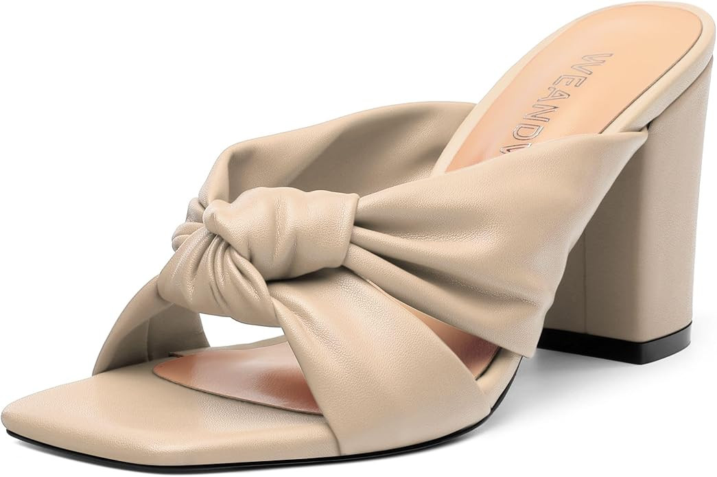 Women's High Heeled Square Toe Slip On Sandals, Puffy Knot Chunky Heel Open Toe Sandals for women... | Amazon (US)