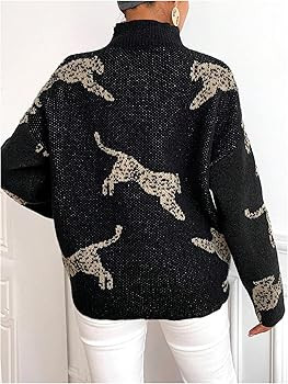 WDIRARA Women's Leopard Tiger Print Sweater High Neck Long Sleeve Fuzzy Knitted Pullover Top | Amazon (US)