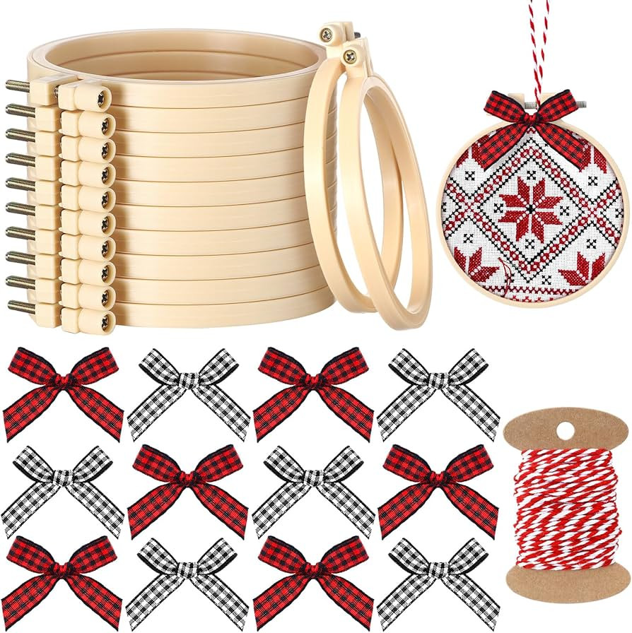 Beeveer 25 Pieces Christmas Embroidery Kits Includes Mini Embroidery Hoops Plastic Circle, Bows, ... | Amazon (US)