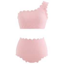 One-Shoulder Scalloped Bikini Set in Pink | Chicwish