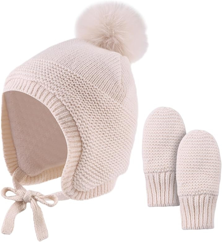 Basic Winter Baby Beanie Gloves Boys Girls Knitted Hat Pompom Kids Earflap Hats Warm Infant Toddler Beanie Mittens Set | Amazon (US)