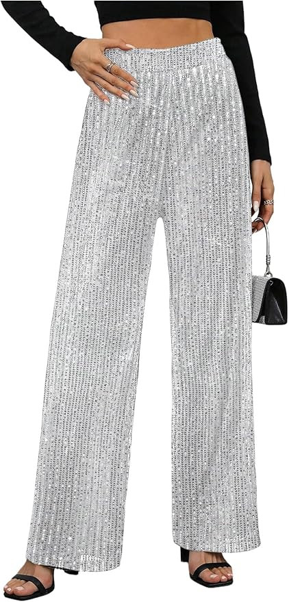 WDIRARA Women's Sequin Sparkle Pants Elastic Waist Wide Leg Party Club Trousers | Amazon (US)