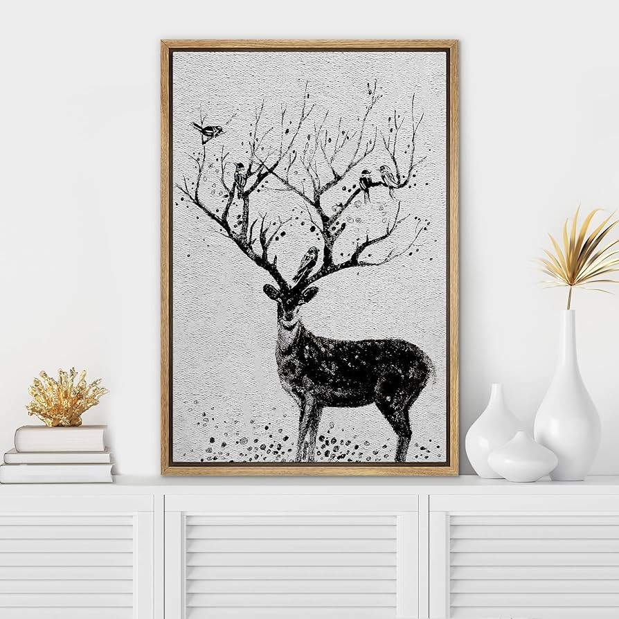 SIGNWIN Framed Canvas Print Wall Art Black & White Deer with Birds on Antlers Wildlife Animals Il... | Amazon (US)
