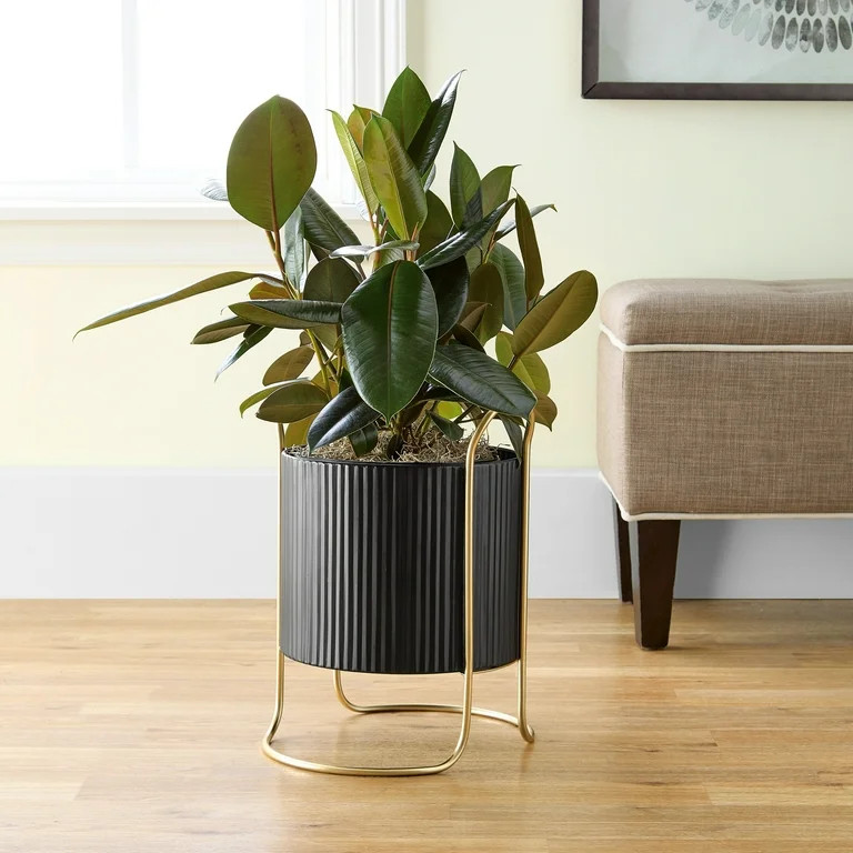 Mainstays Black Outdoor Metal Planter with Gold Stand 15 inch Tall x 11.8 inch Wide | Walmart (US)