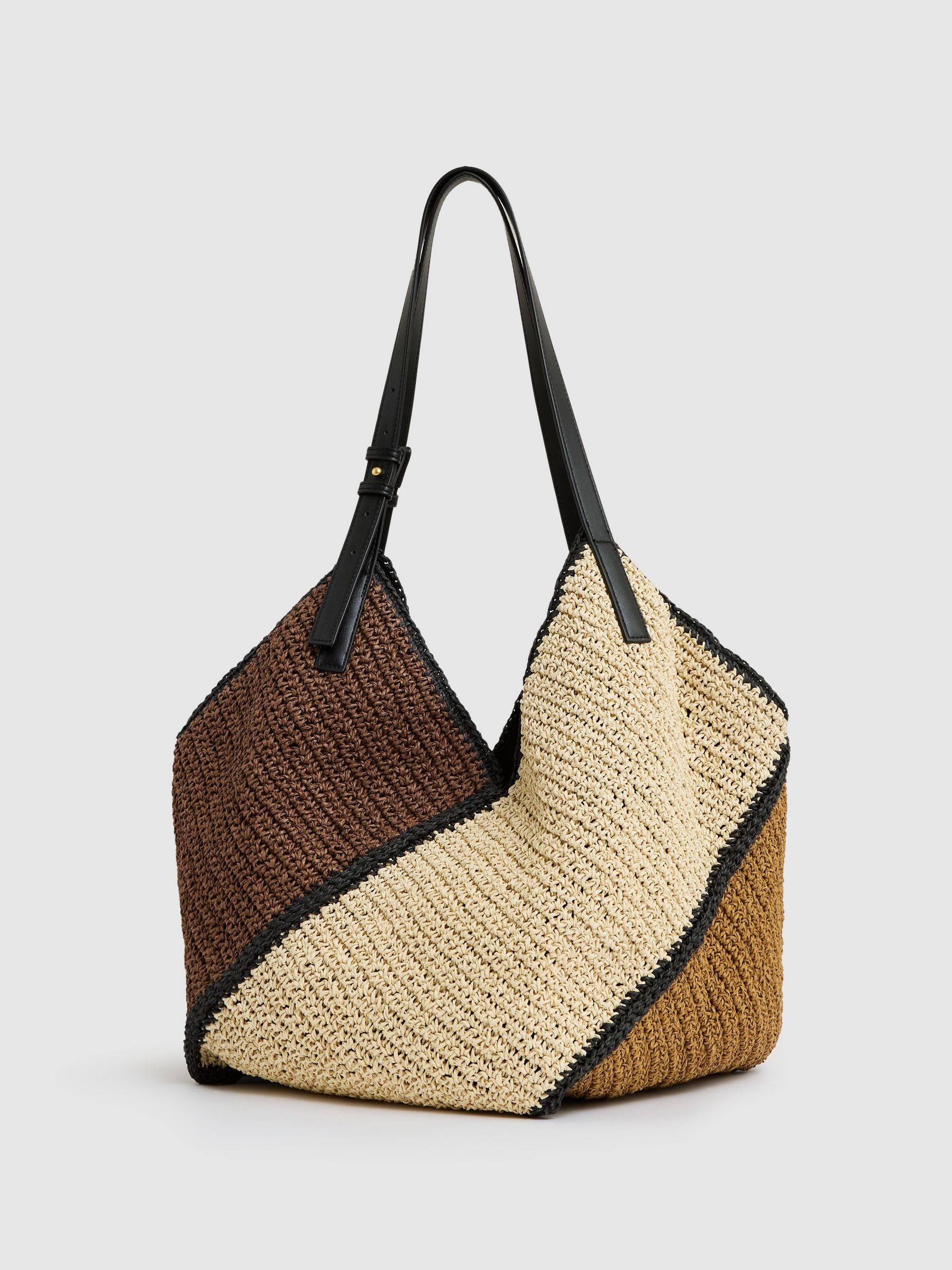 Reiss Raffia-Effect Colour-Block Tote Bag in Tan - REISS | Reiss UK
