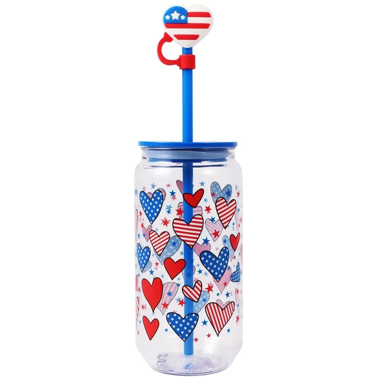 Plastic Tumbler with Heart Topper, Red/White/Blue, 19 oz, Patriotic by Way To Celebrate | Walmart (US)
