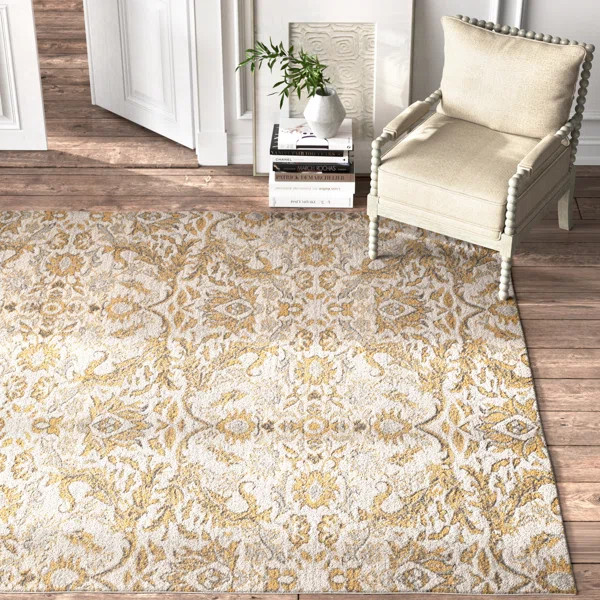 Adie Damask Ivory/Gold Area Rug | Wayfair North America