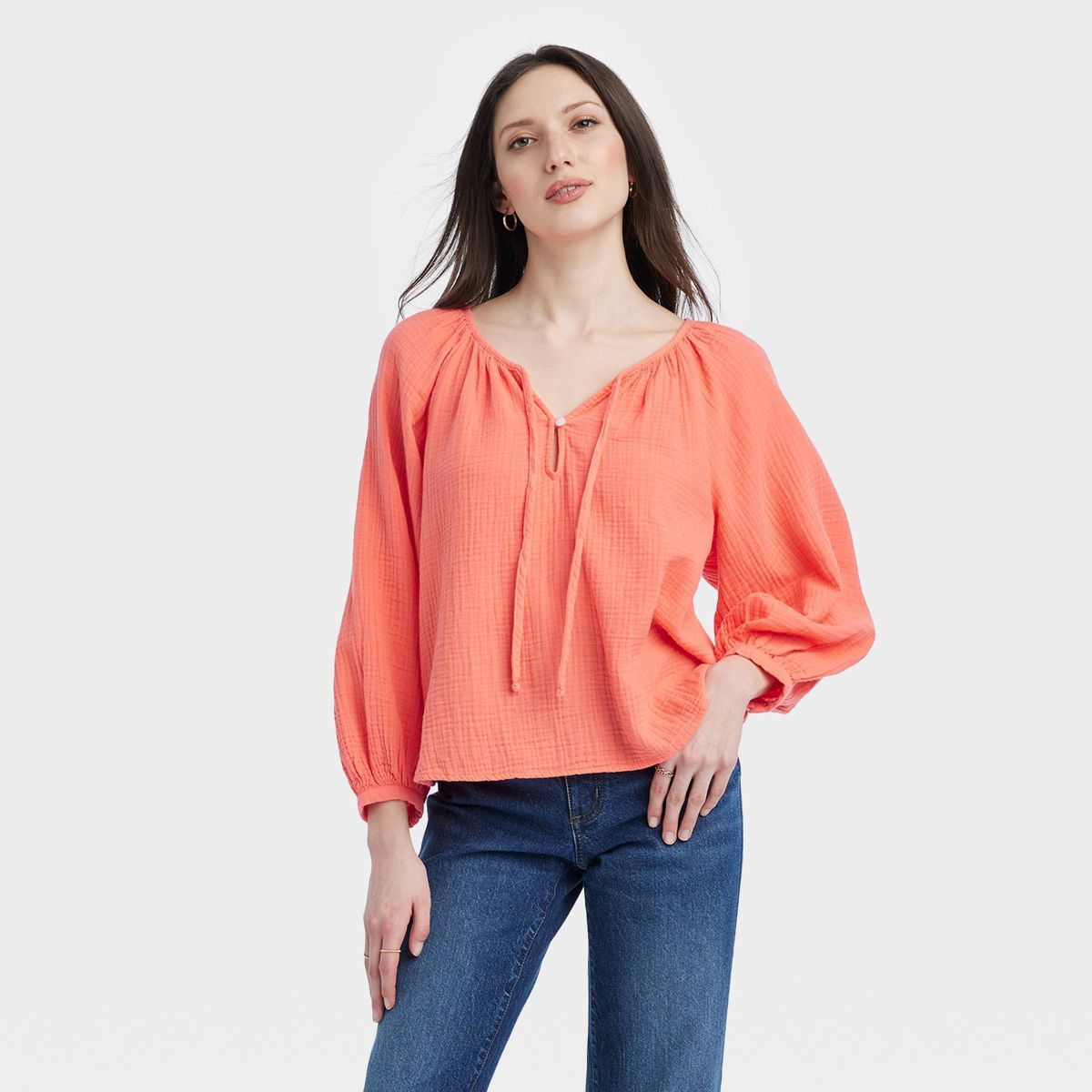Women's Balloon Long Sleeve Everyday Blouse - Universal Thread™ Coral Red XS | Target