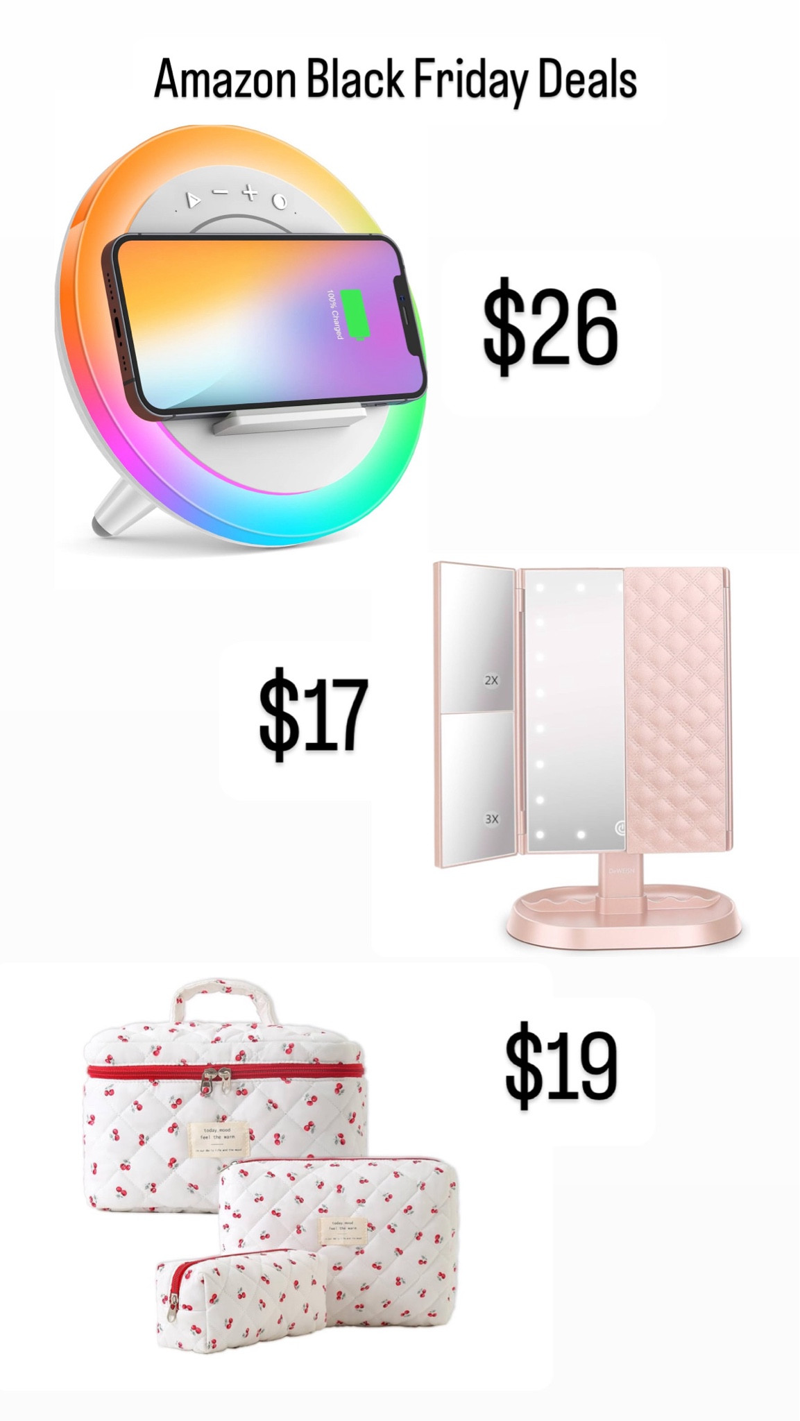 Black Friday teen girl gifts from Amazon 
Charging station/speaker/light, makeup mirror and set of three cherry makeup bags 

#LTKCyberWeek #LTKFindsUnder50 #LTKGiftGuide