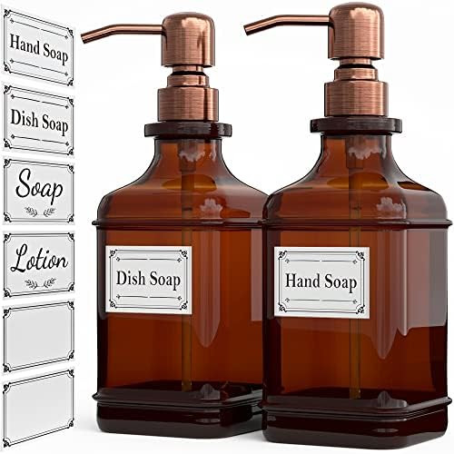 Soap Dispenser 2 Pack, Hand Soap Dispensers with 18 Oz Antique Design Thick Amber Glass Bottle, 3... | Amazon (US)