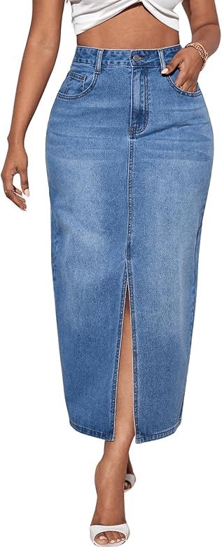 SweatyRocks Women's Casual High Waist Denim Skirt Split Hem Raw Trim Midi Jean Skirts | Amazon (US)