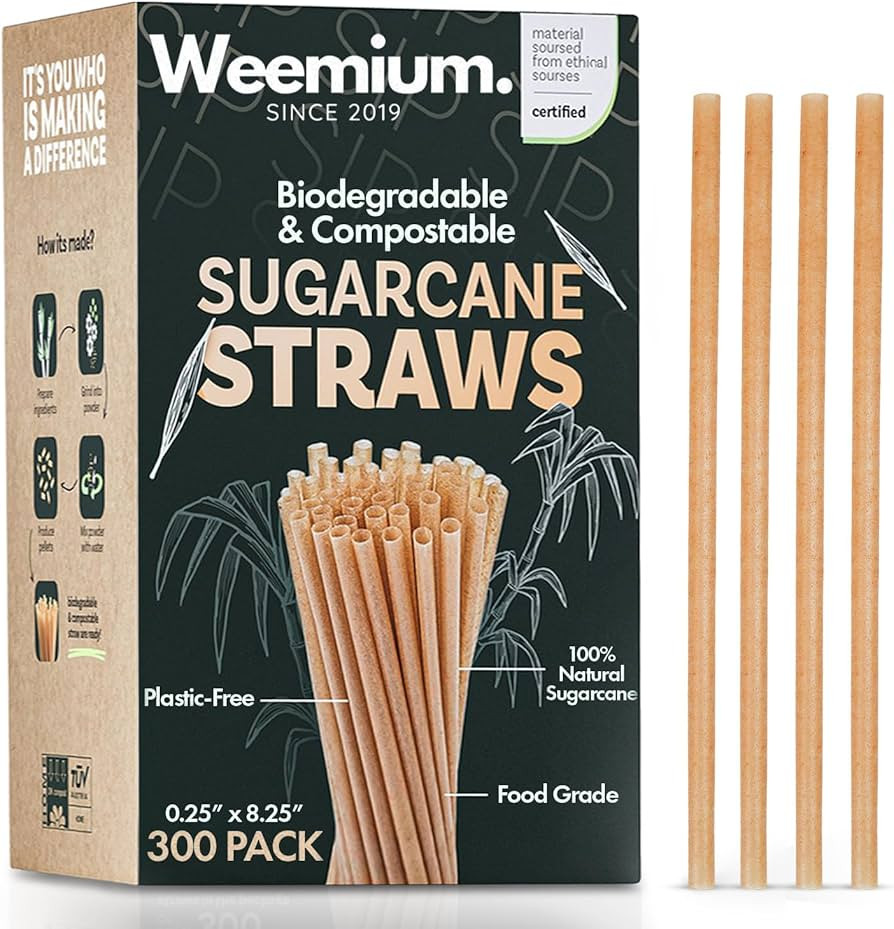 Weemium Sugarcane Straws [300 Pack] 8.25" | FSC Certified 100% Compostable Straws Disposable for ... | Amazon (US)