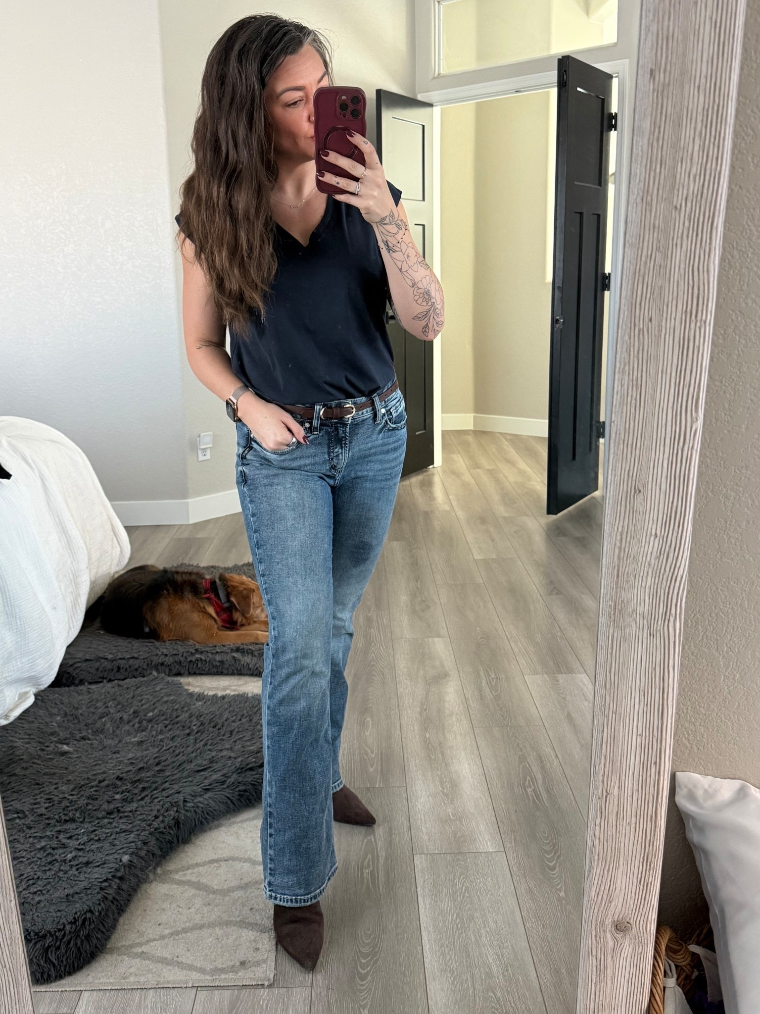 A very simple casual outfit for work today.  I am o sessed with these brown suede booties with these Silver jeans.  They have the tiniest little kitten heel and are so comfortable . 

#LTKShoeCrush #LTKWorkwear #LTKootd