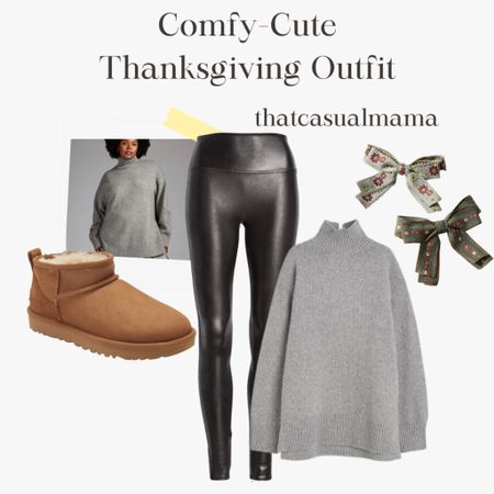 Comfy cute thanksgiving outfit. oversized sweater, black faux leggings, Ugg boots, hair bow. #thanksgiving #thanksgivingoutfit #businesscasual #workwear #officeoutfit #teacheroutfit #friendsgiving 

#LTKHolidaySale #LTKHoliday #LTKSeasonal