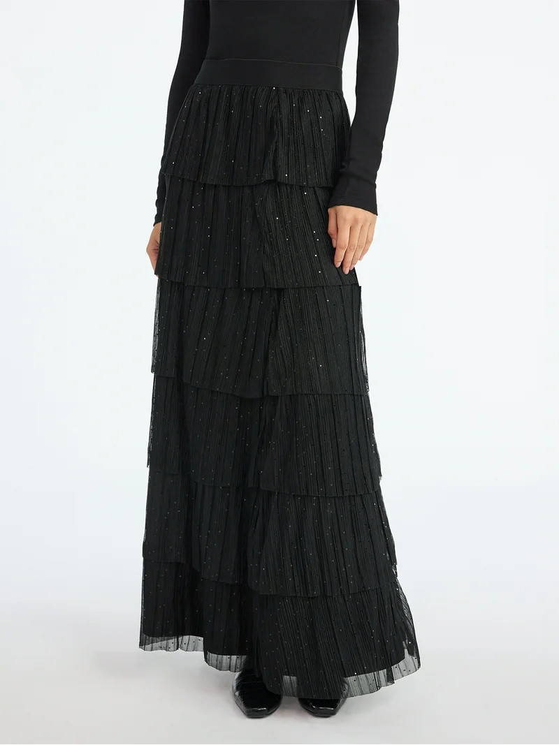 Scoop Women's and Women's Plus Glitter Ruffle Maxi Skirt, Sizes XS-4X | Walmart (US)