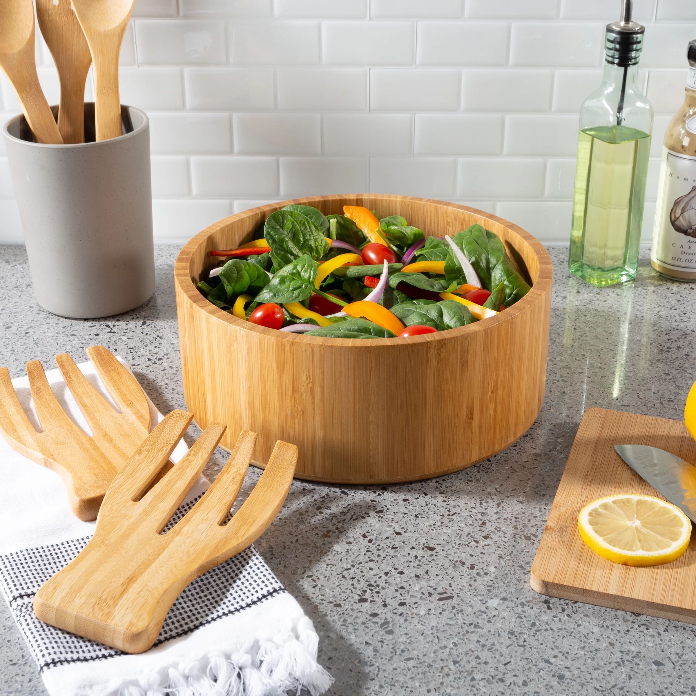 10.25-Inch Bamboo Salad Bowl with Utensils by Classic Cuisine - Walmart.com | Walmart (US)