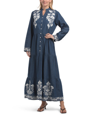 Long Sleeve Floral Embroidered Denim Dress For Women, Cotton | TJ Maxx