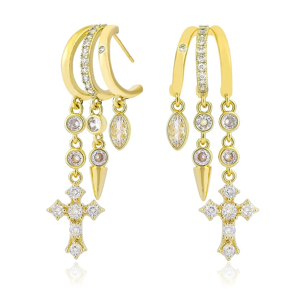 Gold Cross Earrings for Women 14K Gold Plated Dangle Chain Cross Flower Bow Moon Star Triple Hoop... | Amazon (US)