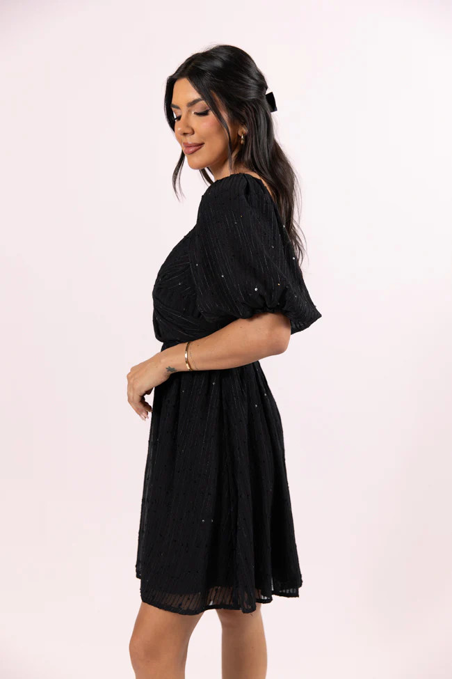 Get Figgy With It Black Textured Surplice Neckline Holiday Dress | Pink Lily