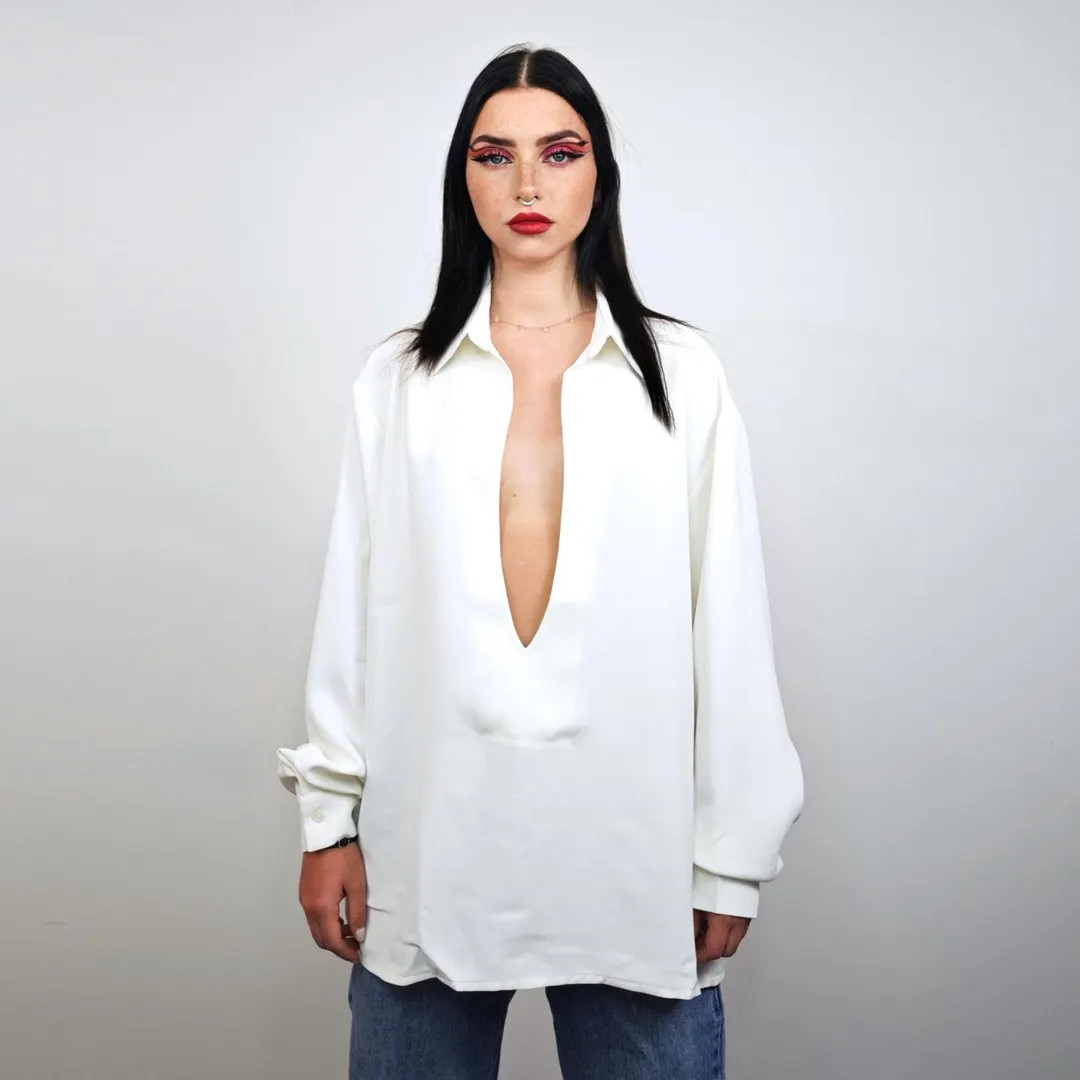 White Deep Cut Plunge Blouse, Unisex Long Sleeve Glam Party Top, Y2K Going Out Shirt, Elegant Sta... | Etsy (US)